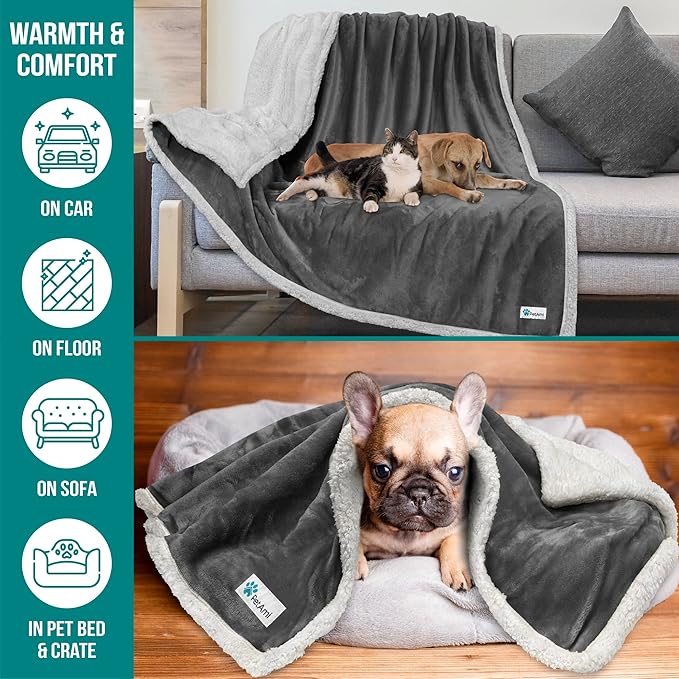 PetAmi WATERPROOF Dog Blanket for Bed, XL Dog Pet Blanket Couch Cover Protection, Sherpa Fleece Leakproof Bed Blanket for Crate Kennel Sofa Furniture Protector, Reversible Soft Plush 80x60 Charcoal