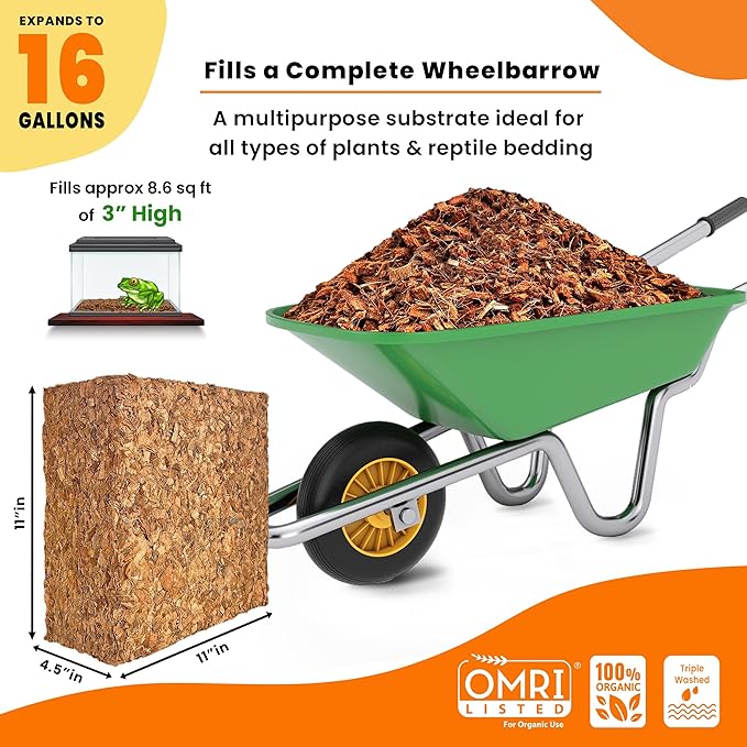 Coco Husk Chips Block 10lb Expands upto 16 Gallons Coconut Chip Substrate, Coco Coir Husk Mulch for Gardening, Indoor, Outdoor Plants Orchid Bark Alternative - OMRI Listed, Low EC Balanced pH