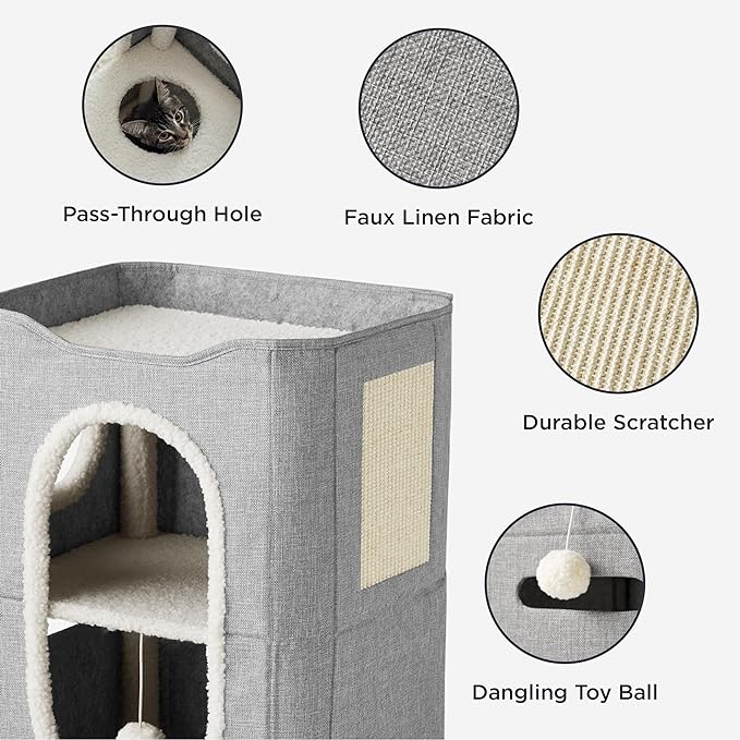 Bedsure 2-Level Cat House for Indoor Cats - Small Cat Towers with Scratch Pad and Hideaway Condo, Cat Cave Bed Furniture for Multi Pets and Large Cats, 18x14x23 inches, Grey