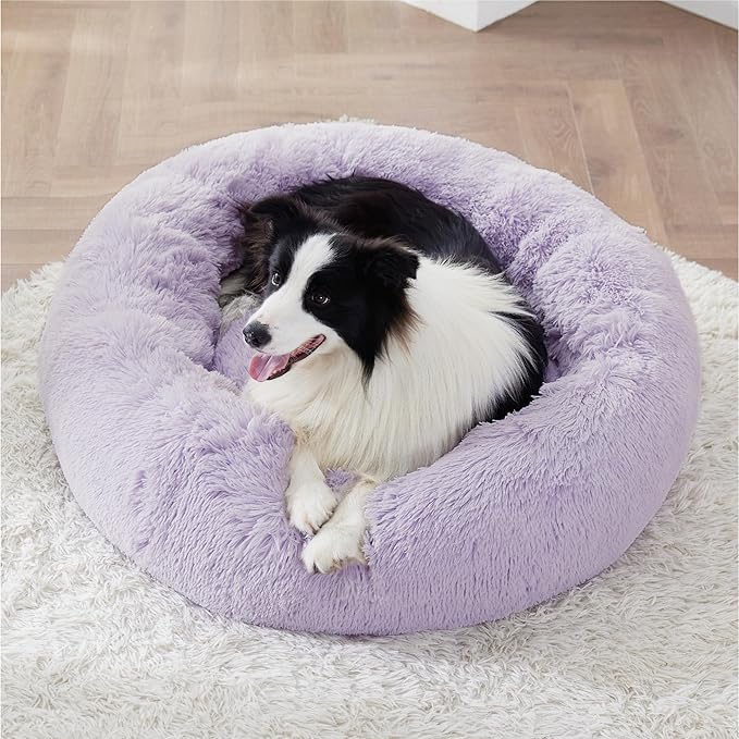 Bedsure Calming Dog Bed for Large Dogs - Donut Washable Large Pet Bed, 36 inches Anti-Slip Round Fluffy Plush Faux Fur Dog Bed, Fits up to 100 lbs Pets, Purple