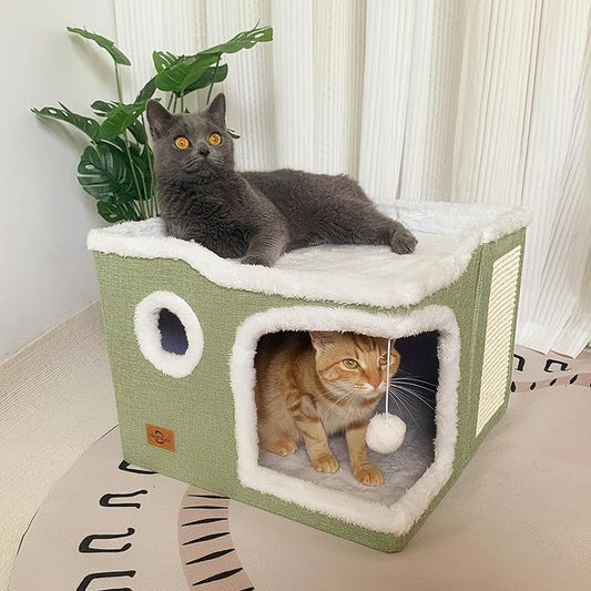 Cat Bed for Indoor Cats,Covered Cat Cave House & Furniture with Scratch Pad,Foldable Cat Hideaway Hut Cute Cat Condo with Soft Washable Mat for Multi Small Pet Under 30 lbs,Green