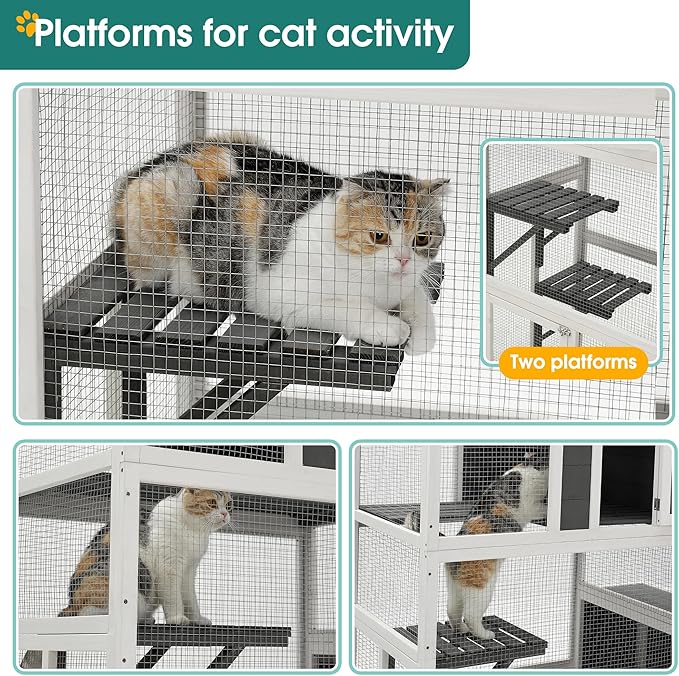 71 Inch Large Wooden Catio Outdoor & Indoor Cat Enclosure, 3-Tier Luxury Pet-House with Resting Box & Jumping Platforms, Kitty Condo Shelter for Play and Resting