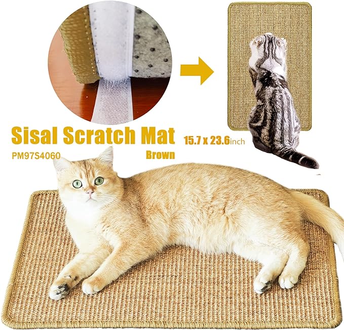 Cat Scratcher Mat, 23.6 x 15.7inch,Natural Sisal Cat Scratchers for Indoor Cats with Velcro Tapes,Cat Scratching Pad Rug,Horizontal Cat Scratching Mat Protect Furniture and Sofas (Brown)