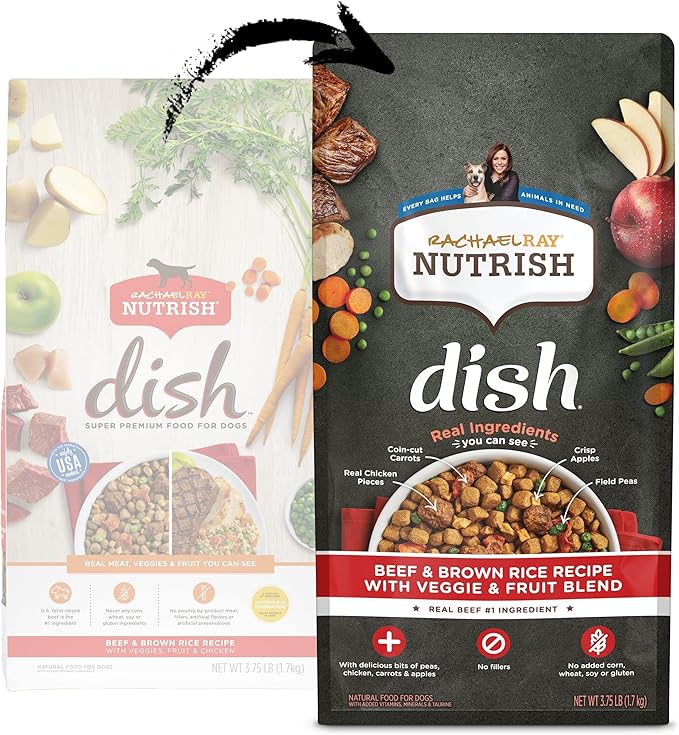 Rachael Ray Nutrish Dish Premium Natural Dry Dog Food with Added Vitamins, Minerals & Taurine, Beef & Brown Rice Recipe with Veggies, Fruit & Chicken, 3.75 Pounds