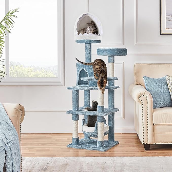 Yaheetech 61in Tall Ocean-Themed Cat Tree, Multi-Level Cat Tower with Shark's Mouth-Shaped Nest, Fish-Shaped Platform, Sisal Scratching Posts, Plush Cat Bed Furniture as Cat Kitty Activity Center