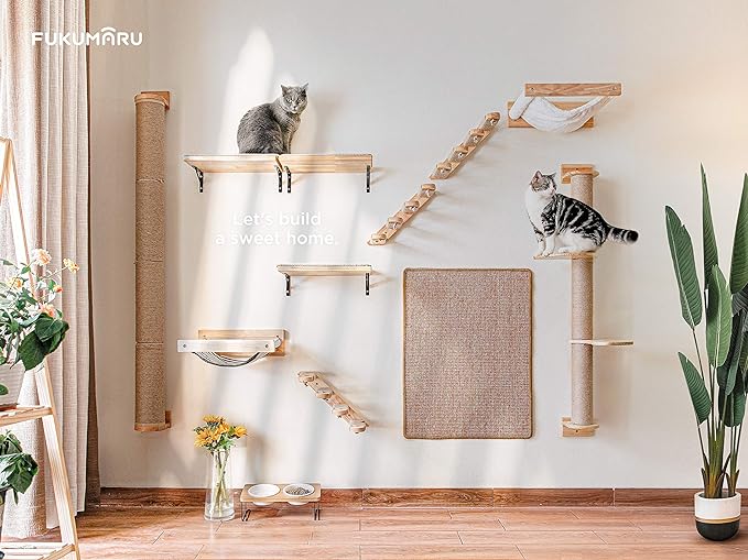 FUKUMARU Cat Hammock Wall Mounted, Kitty Beds and Perches, Wooden Cat Wall Furniture, Stable Cat Wall Shelves for Sleeping, Playing, Climbing, and Lounging, White Flannel Cat Shelves