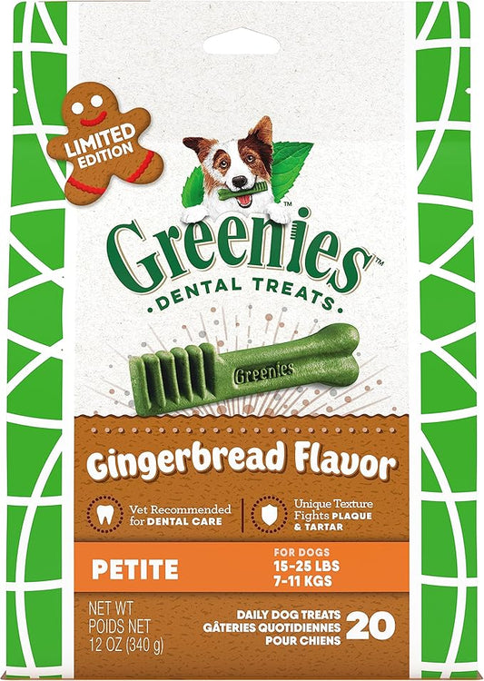 Greenies Gingerbread Flavor Petite Size, Veterinarian-Recommended for Dental Care, Dog Treat Chews, Great Holiday Dog Stocking Stuffers, Limited Edition, 12 oz., Pack of 20
