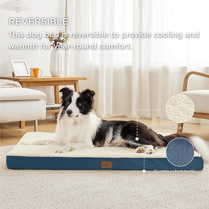 Bedsure Large Dog Crate Bed - Big Orthopedic Waterproof Dog Beds with Removable Washable Cover for Large Dogs, Egg Crate Foam Pet Bed Mat, Suitable for Dogs Up to 75 lbs, Denim Blue