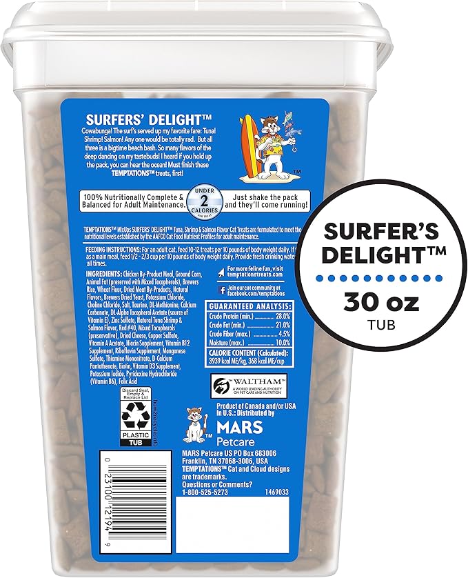 TEMPTATIONS MixUps Crunchy and Soft Cat Treats, Surfer's Delight Flavor, 30 oz. Tub (Packaging may vary)
