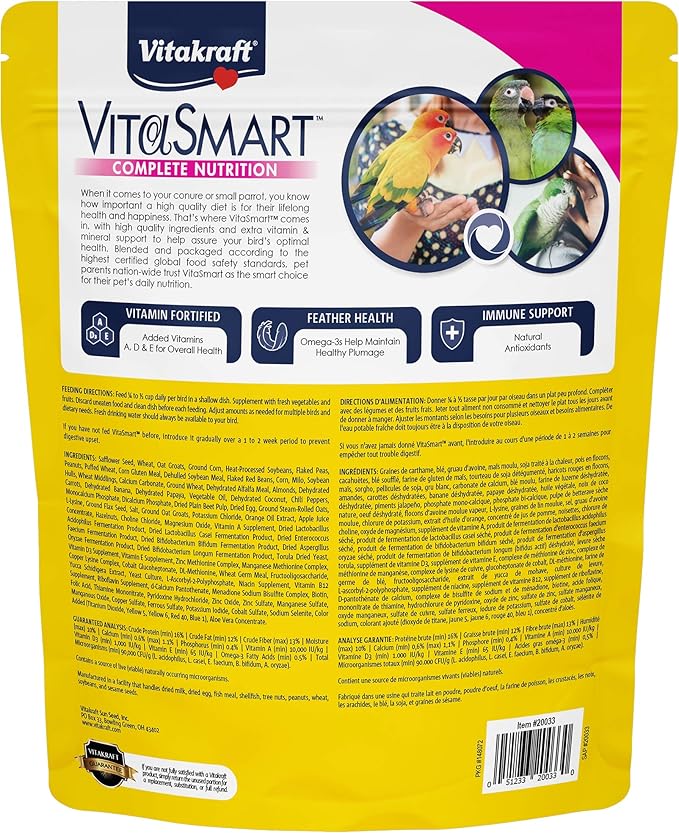 Vitakraft Vita Smart Gourmet Conure Food - Vitamin-Fortified - Daily Pet Bird Food for Conures and Small Parrots