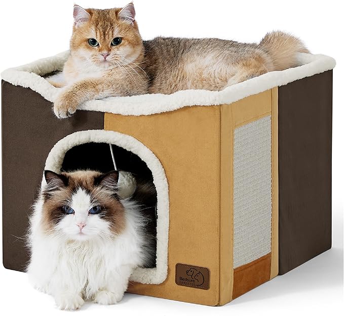 Bedsure Cat Beds for Indoor Cats - Large Cat Cave for Pet Cat House with Fluffy Ball Hanging and Scratch Pad, Foldable Cat Hideaway,16.5x16.5x13 inches, Honeycomb