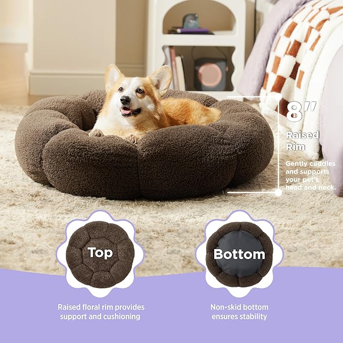 Lesure Calming Large Dog Bed - Flower Donut Round Fluffy Puppy Bed in Plush Teddy Sherpa, Non-Slip Cute Flower Dog Beds, Large Pet Bed Fits up to 100 lbs, Machine Washable, Espresso 36"
