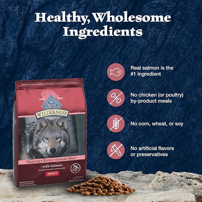 Blue Buffalo Wilderness Natural High-Protein Dry Food for Adult Dogs, Salmon Recipe, 28-lb. Bag