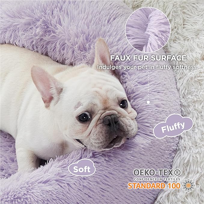 Bedsure Calming Dog Bed for Small Dogs - Donut Washable Small Pet Bed, 23 inches Anti-Slip Round Fluffy Plush Faux Fur Large Cat Bed, Fits up to 25 lbs Pets, Purple