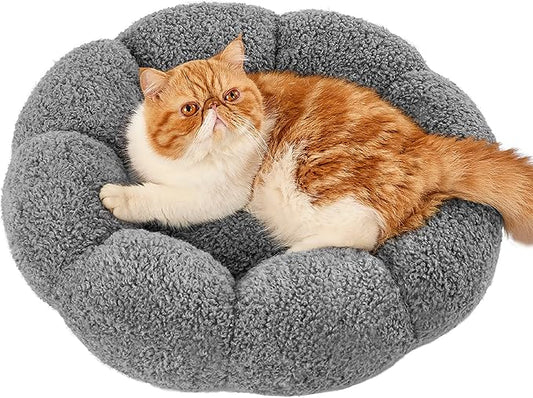 Lesure Calming Cat Beds for Indoor Cats - Cute Flower Pet Beds in Teddy Sherpa Plush, Donut Round Fluffy Puppy Bed, Non-Slip Extra Small Dog Bed Fits up to 15 lbs, Machine Washable, Grey 20"