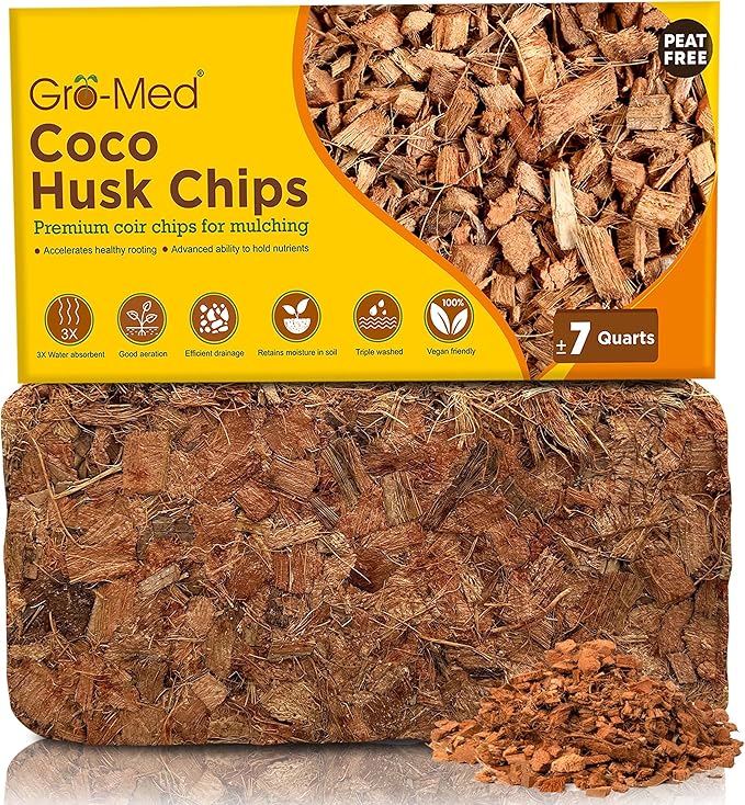 Coco Husk Chips Brick 1.1lb Expands Upto 7 Quarts Coconut Coir Chip, Best Mulching Medium for Plants Gardening, Potting Soil Mix, Orchid Bark Alternative - OMRI Certified, Low EC, Balanced pH