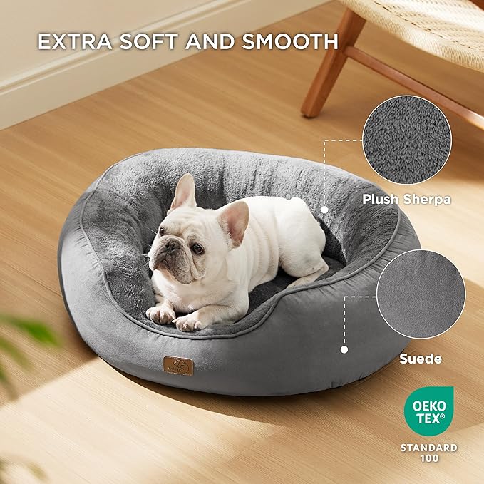 Bedsure Dog Bed for Medium Dogs - Round Washable Medium Pet Bed, Anti-Slip Donut Fluffy Plush Indoor Fur Cat Bed, 30 inches, Grey