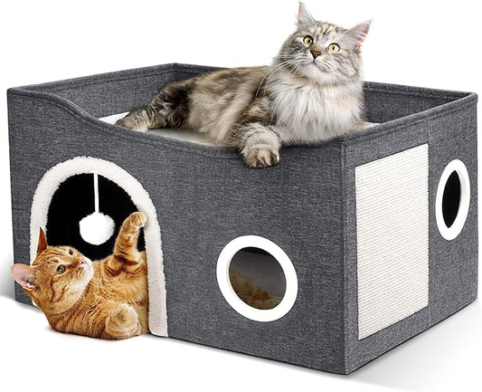 Heeyoo Cat House for Indoor Cats - Large Cat Bed Cave with Fluffy Ball and Scratch Pad, Foldable Cat Houses & Condos, Cat Cubes, Cat Hideaway, Covered Cat Bed for Multi Small Pet Large Kitty