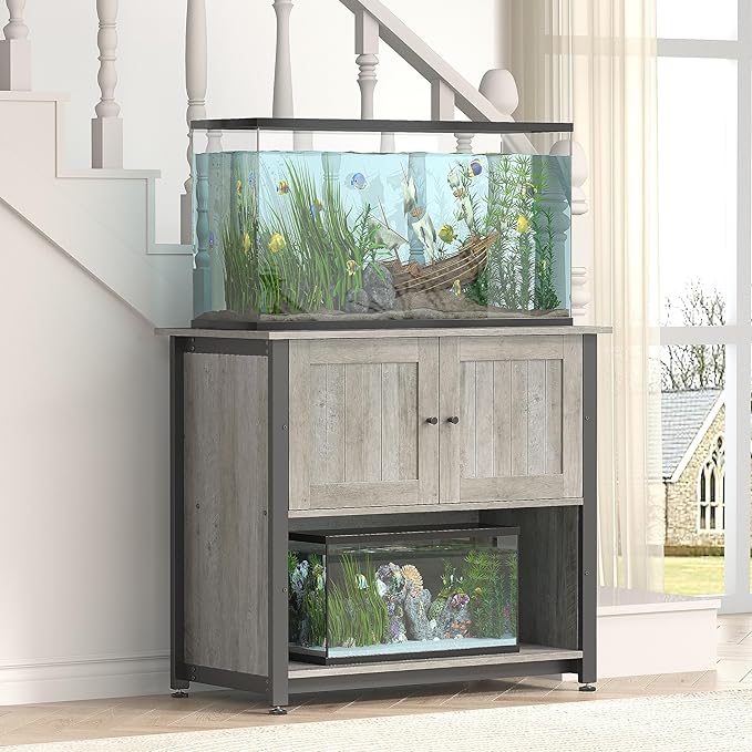 40-50 Gallon Fish Tank Stand with Cabinet, Metal Aquarium Stand for Accessories Storage, Reptile Tank Turtle Terrariums Table Bearable 1000LBS, Accommodates 2 Aquariums, Grey