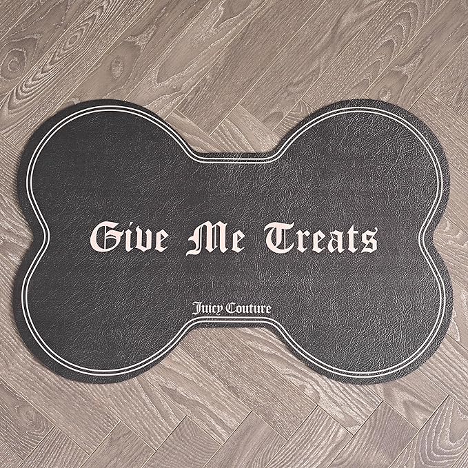 Juicy Couture Give Me Treats Pet Placemat - Bone Shaped - Black -16"x24" - Dog & Cat Food Mat