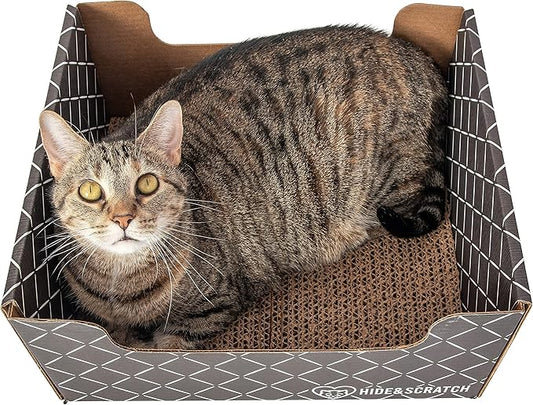 Hide & Scratch Extra-Large Heavy Duty Cardboard Cat Scratcher Box and Cat Bed with Refillable Scratch Pad