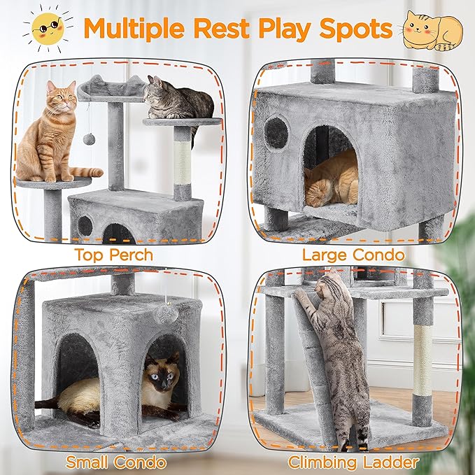 Yaheetech Tall Cat Tree, 80in Multi-Level Cat Tower with Cat Scratching Posts, Double Cat Caves, Perched Platforms and Dangling Balls, Cat Stand House for Kittens Pet, Light Gray