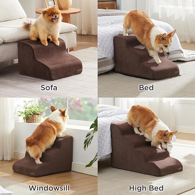 Lesure Dog Stairs for High Beds - Dog Ramp for Small Dogs with CertiPUR-US Certified Foam, Pet Steps with Non-Slip Bottom for Old Cats, Injured Doggies and Puppies, Brown, 4 Steps