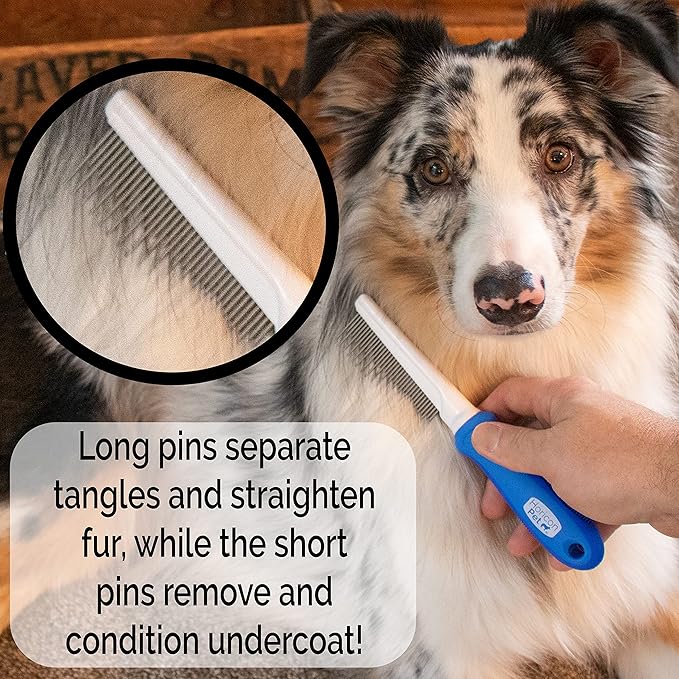 Detangling Dog Comb with Long & Short Stainless Steel Metal Teeth - Dogs, Cats & Small Animals for Removing Matted Fur, Knots & Tangles