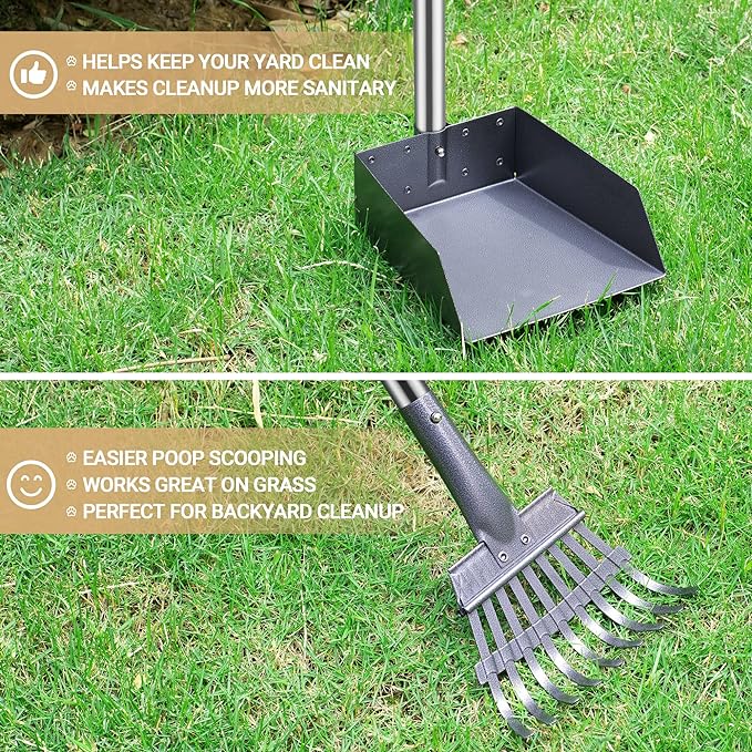 Heeyoo Dog Pooper Scooper, Dog Poop Tray and Rake Set, Pet Waste Removal Scoop with Long Adjustable Sectional Stainless Handles