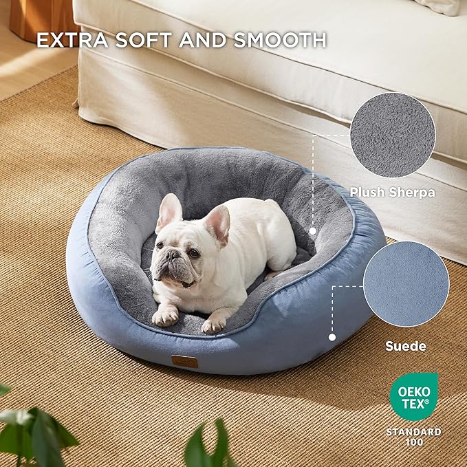 Bedsure Dog Bed for Medium Dogs - Round Washable Medium Pet Bed, Anti-Slip Donut Fluffy Plush Indoor Fur Cat Bed, 30 inches, Frost Blue