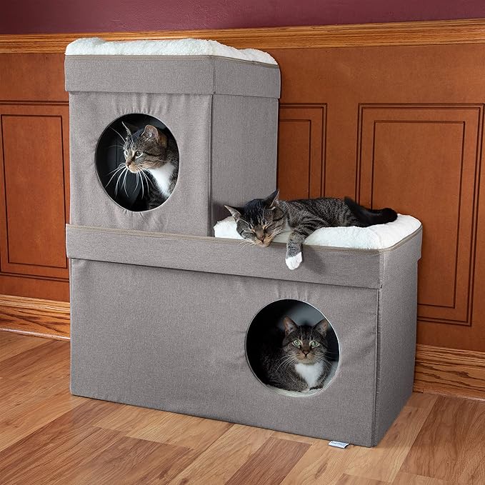 Kitty City Large Stackable Tan Cat Condo, Cat Cube, Cat House, Pop Up Bed, Cat Ottoman (CM-10074-CS01)