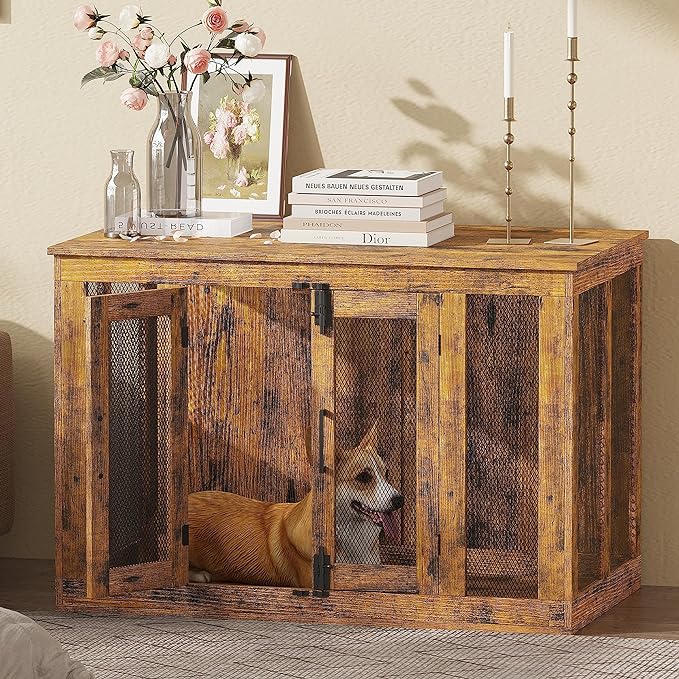 Irontar Dog Crate Furniture with Cushion, Double-Door Dog Crate for Small to Large Dogs, Wooden Dog Kennel Table, End Table Dog House Furniture, Dog Cage Indoor, Rustic Brown MGW001X-1