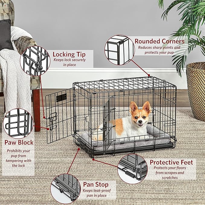 MidWest Homes for Pets Dog Crate | MidWest Life Stages XS Double Door Folding Metal Dog Crate | Divider Panel, Floor Protecting Feet, Leak-Proof Dog Pan | 22.5L x 14W x 16H inches, XS Dog Breed