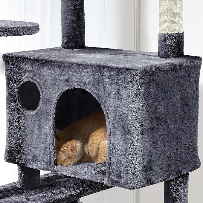 Yaheetech XL Cat Tree, 80in Multi-Level Cat Tower with Cat Scratching Posts, Double Cat Caves, Perched Platforms and Dangling Balls, Cat Stand House for Kittens Pet, Dark Gray