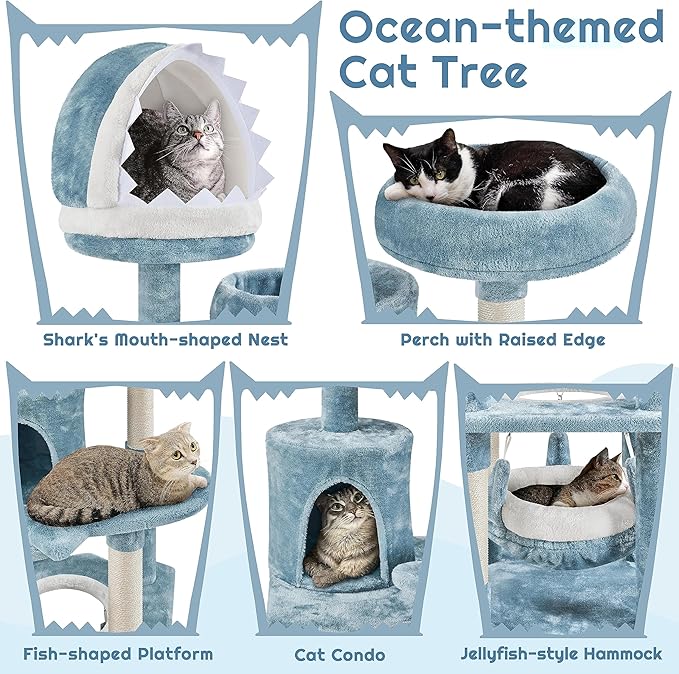 Yaheetech 61in Tall Ocean-Themed Cat Tree, Multi-Level Cat Tower with Shark's Mouth-Shaped Nest, Fish-Shaped Platform, Sisal Scratching Posts, Plush Cat Bed Furniture as Cat Kitty Activity Center