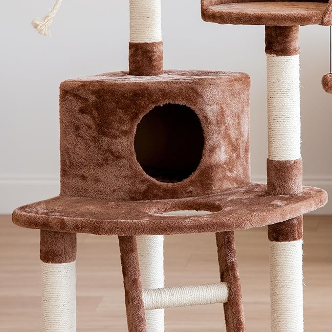 IRIS USA 3-Tier Plush Cat Tree with Hiding Place and Sisal Covered Rungs and Posts, Kitty Activity Center for Indoor and Outdoor Cats with Condo Scratching Posts Dangling Toys and Perches, Brown