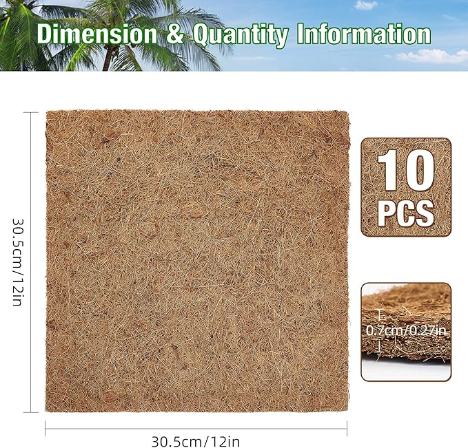 ZeeDix 10 Pieces Reptile Carpet- 12 x 12 inches Natural Coconut Fiber Pet Mat Tortoise Carpet Mat Coco Fiber Substrate Liner Pet Terrarium Liner for Lizard Turtle Snake Gecko Bearded Dragon