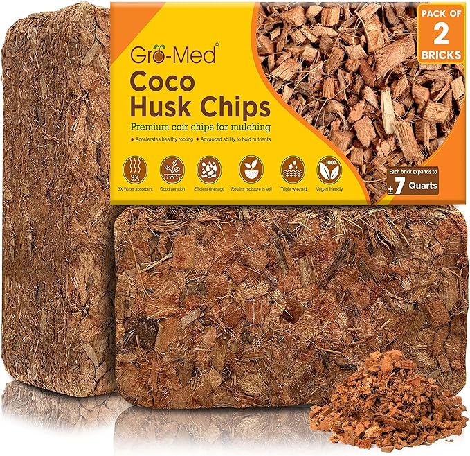 Coco Husk Chips 2s Brick Expands upto 14 Quarts Coconut Coir Chip 2.2lb, Best Mulching Medium for Plants - Gardening, Potting Soil Mix, Orchid Bark Alternative-OMRI Listed, Low EC, Balanced pH