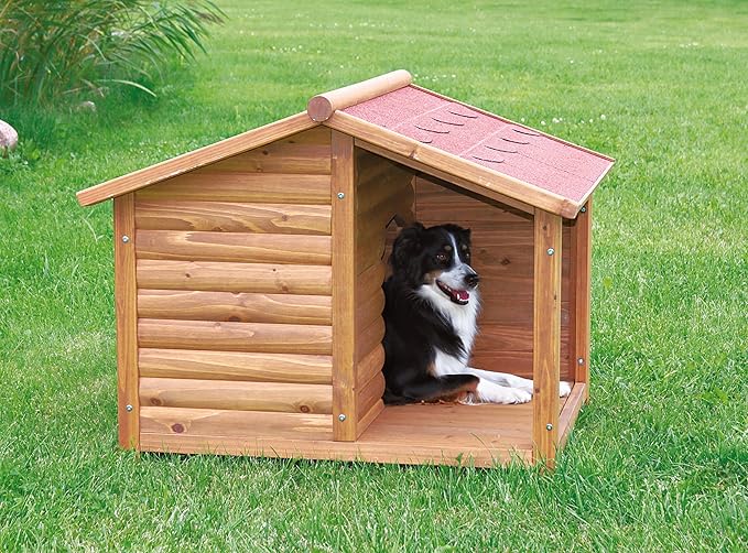 TRIXIE natura Lodge Dog House, Covered Porch, Hinged Roof, Adjustable Legs, Brown, Small