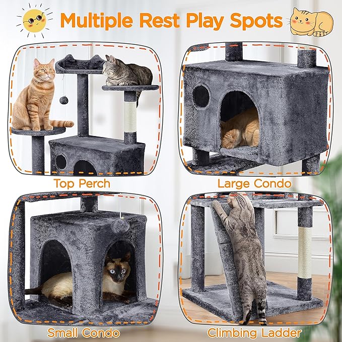 Yaheetech XL Cat Tree, 80in Multi-Level Cat Tower with Cat Scratching Posts, Double Cat Caves, Perched Platforms and Dangling Balls, Cat Stand House for Kittens Pet, Dark Gray