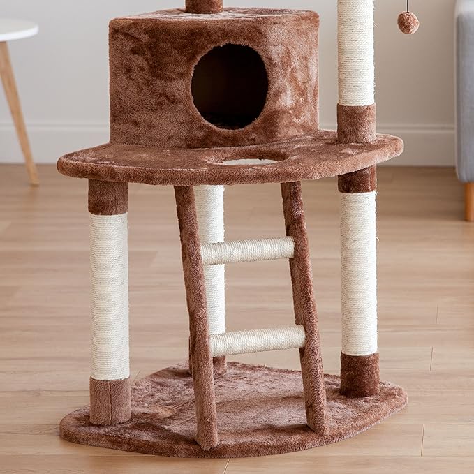 IRIS USA 3-Tier Plush Cat Tree with Hiding Place and Sisal Covered Rungs and Posts, Kitty Activity Center for Indoor and Outdoor Cats with Condo Scratching Posts Dangling Toys and Perches, Brown