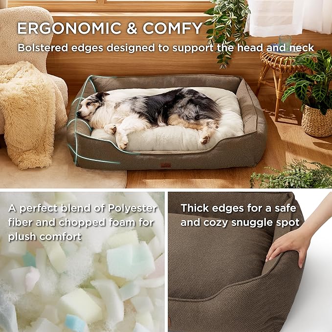 Bedsure Washable Dog Bed for Large Dogs - Waterproof All-Season Foam Dog Beds, Orthopedic Rectangle Cuddle Doggy Beds with Removable Zipper Cover, 36x27x10inches, Brown
